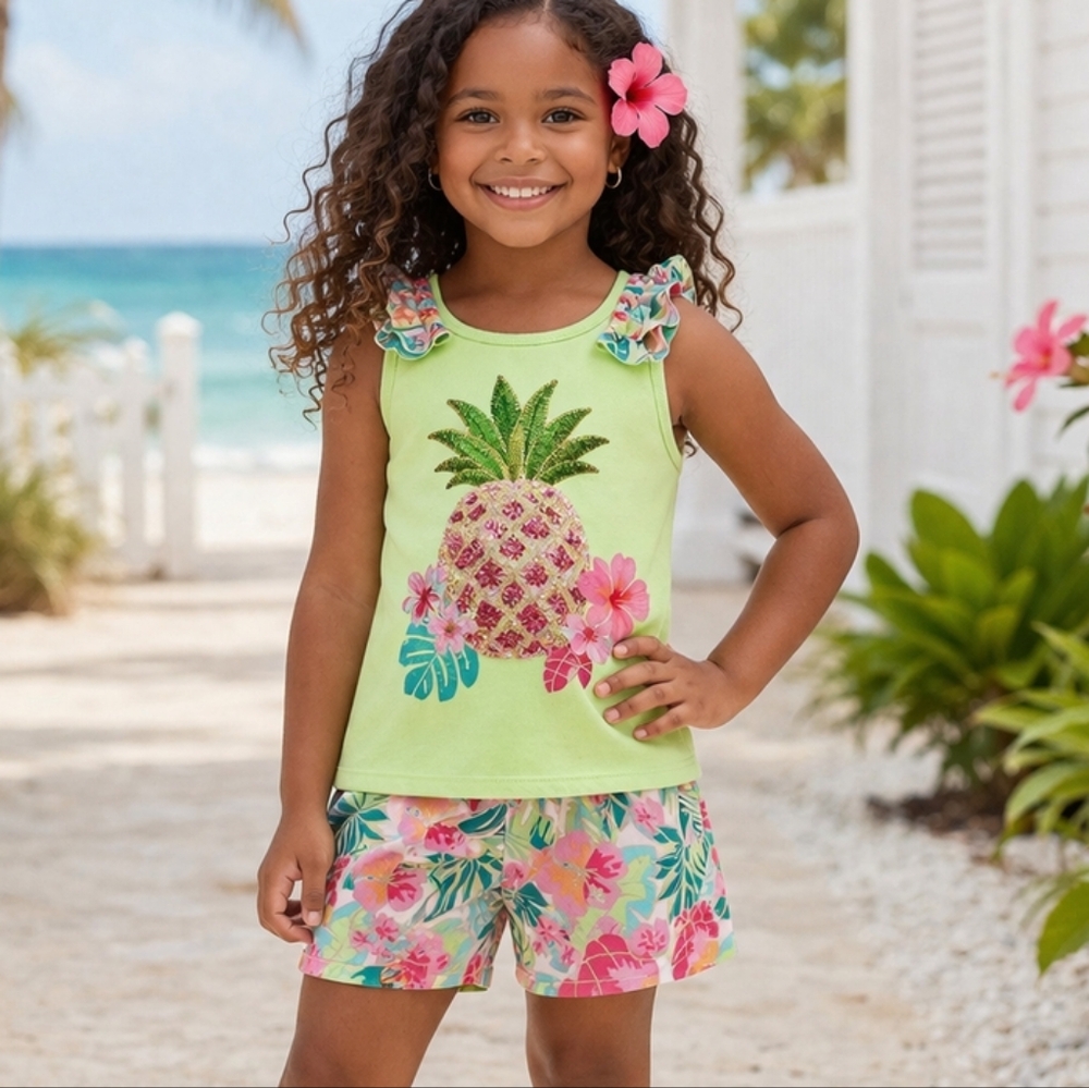 NWT Isaac Mizrahi NY Girls Tropical Pineapple 2PC Set Size 6 Resortwear - Picture 1 of 5